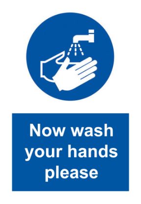 [MPL106381] Sign - Now Wash Your Hands Please Self Adhesive Vinyl 20 x 30cm Blue On White
