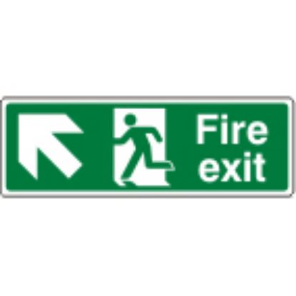 [MPL1SP43] Sign - Fire Exit Up Left Self Adhesive Vinyl 30 x 10cm White On Green